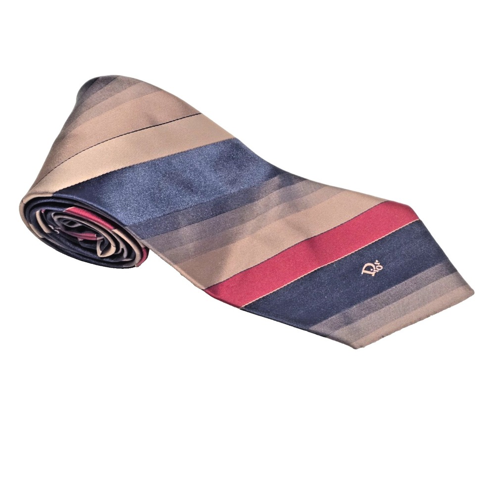 Christian Dior Monsieur Tie USA Striped Burgundy Blue Brown Logo 57.3x3.3